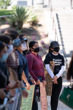 Los Angeles, CA, USA — June 16th, 2020: people listening to speakers at rally for social justice