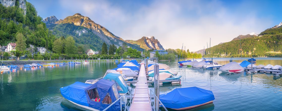 Long pontoon with moored boats in Switzerland