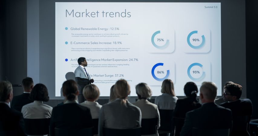 Corporate Event: Black Male Tech CEO Giving Presentation To Colleagues or Investors In Conference Room Of Innovative Startup Office.