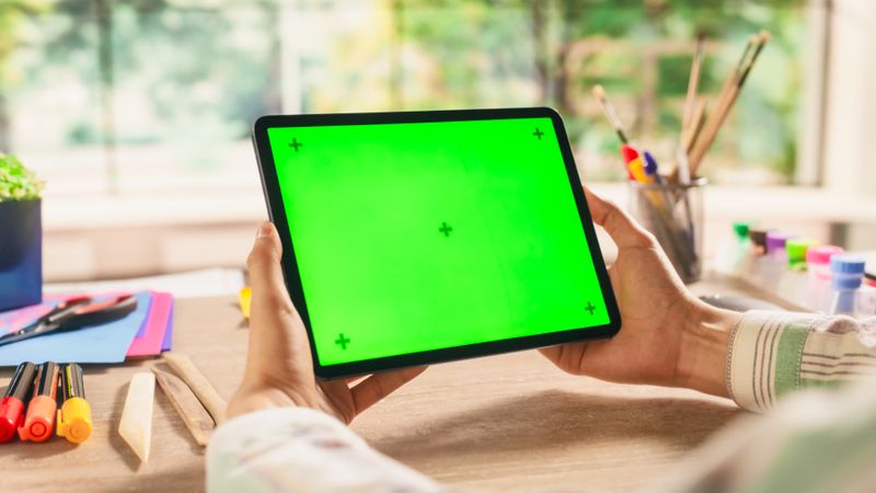 Anonymous Arts Teacher Holding Tablet Computer with Green Screen Mock Up Display, Sitting Behind a Desk in a Studio. Photo Template for Digital Presentations, Design Content, Communication Materials