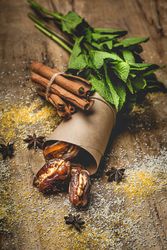 Dates fruits with walnuts, mint and cinnamon for Ramadan