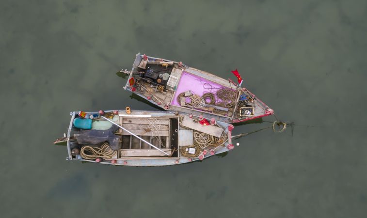 Top view of two fishing boats on water in Huangdao District, Shadong Province, China