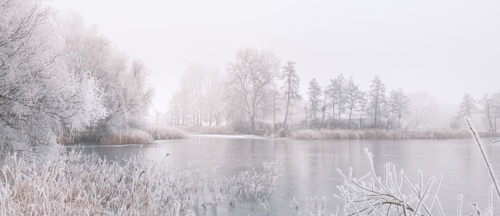 Wide shot of a lake on a wintry day