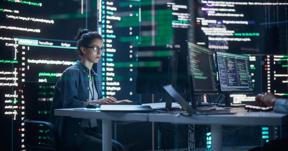 Female Programmer Creating Innovative Software Using AI Data and System