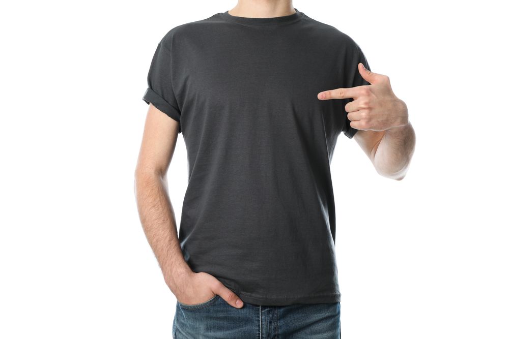 Men in blank grey t-shirt isolated on blank background, space for text