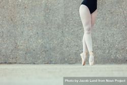 Young woman wearing leotard, tights, and pointe shoes outdoors 5XmrQ4