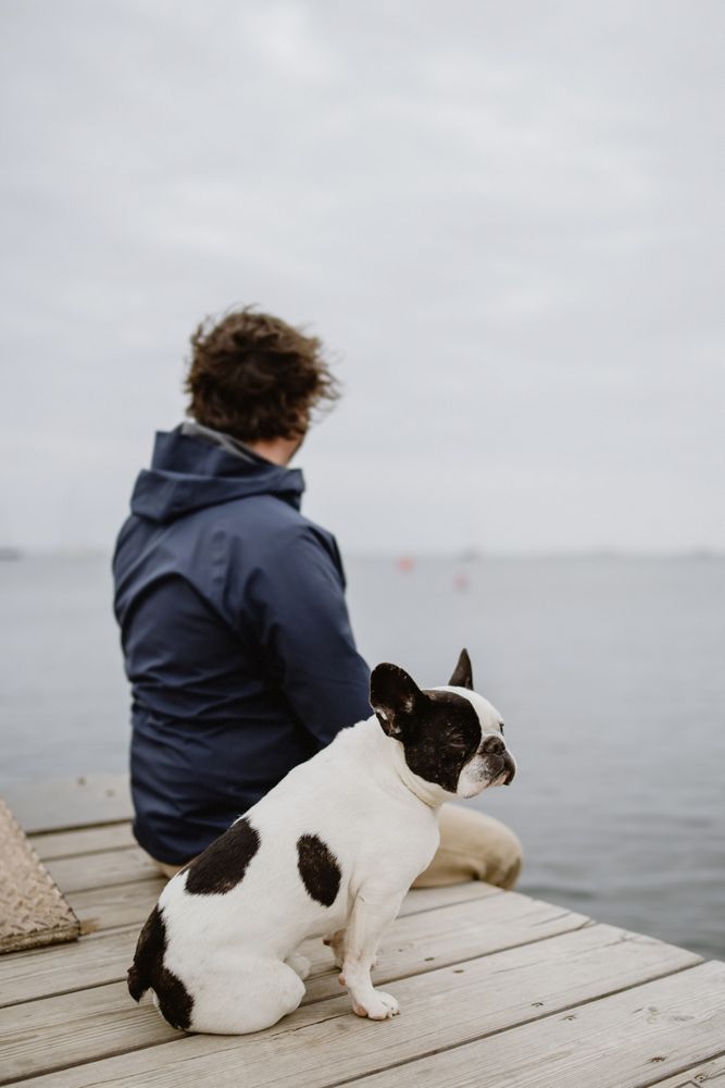 Man and dog resting on pier together