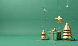 Wrapped green present with ornamental tree and star, copy space