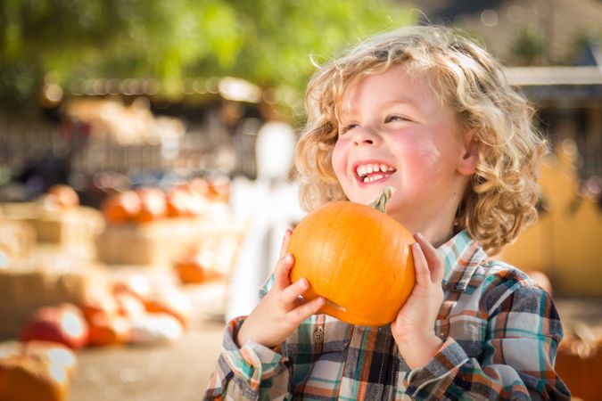 Cute Young Boy Having Fun at the Pumpkin Patch on a Sunny Fall Day..