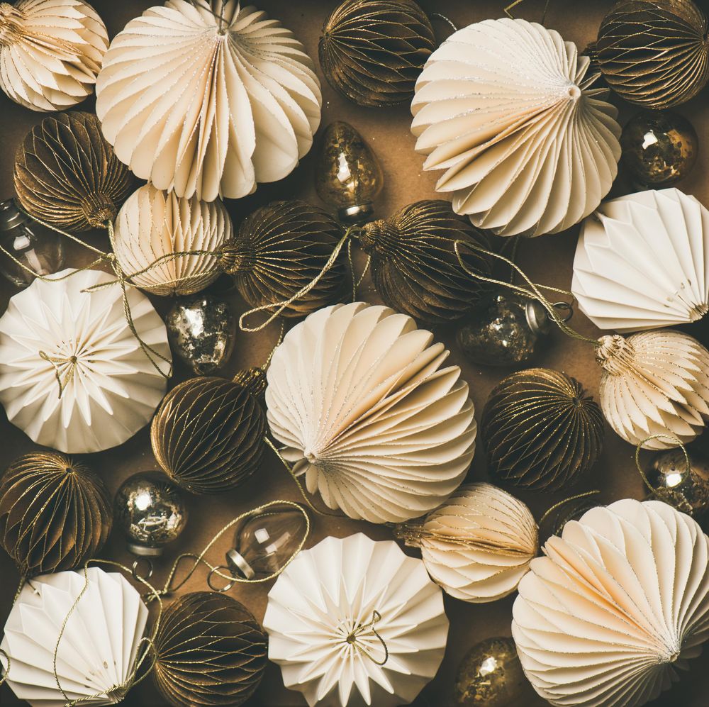 Gold and cream folded tree ornaments, and baubles, square crop