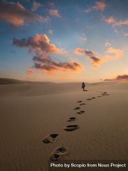 Foot steps on sand by a person walking in desert at sunset 5rKW74