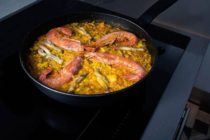 Prepped paella in iron cast pan