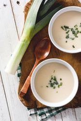 Shoot from above of two bowls of tasty Vichyssoise soups