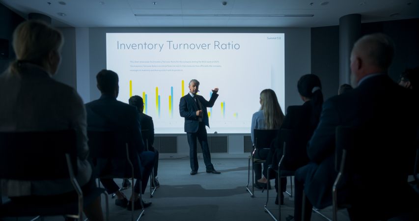 Corporate Event: White Male Tech CEO Giving Presentation To Colleagues or Investors In Conference Room Of Innovative Startup Office.