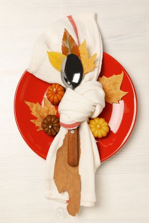 Spoon in towel on plate, leaves and pumpkins on light background, top view