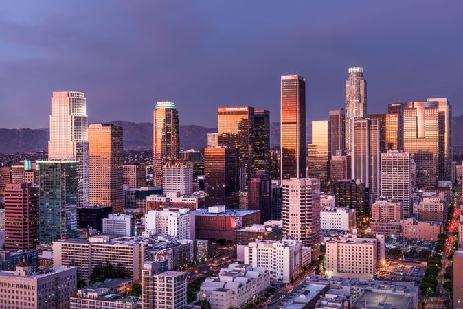 Downtown Los Angeles skyline glinting in sunset