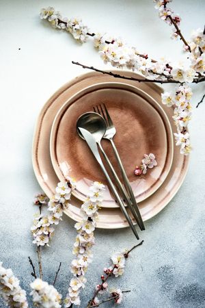 Top view of pink table setting of apricot blossom branches around plates