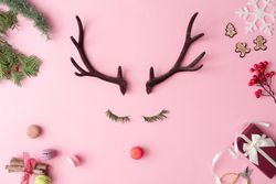 Reindeer face made of evergreen fir eyelashes, red macaron and antlers on pink background