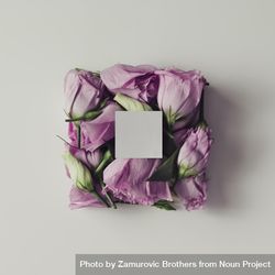 Pink flowers in shape of a gift box with light  paper card on background bDlBQb