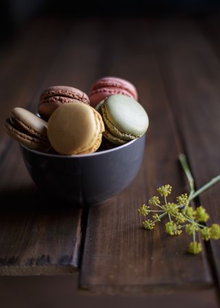 Dill flower near bowl of macaroons