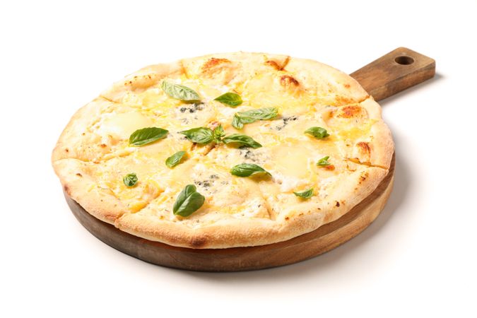 Cutting board with cheese pizza isolated on blank background