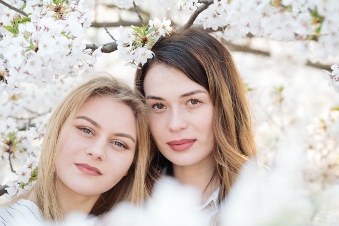Portrait of women friends near blooming trees