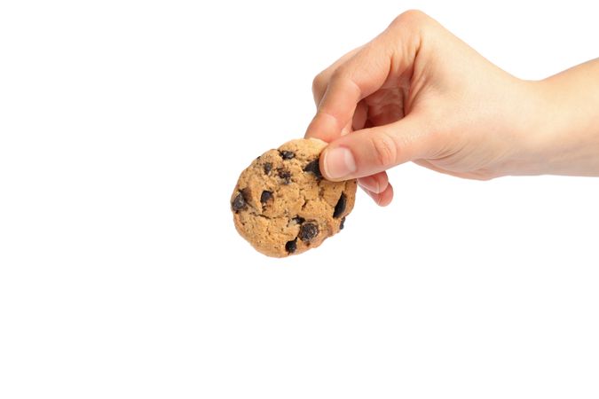 Woman holding tasty chocolate chip cookie on plain background, closeup