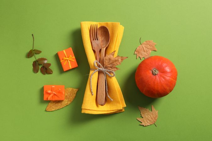 Concept of Thanksgiving day, Autumn table setting, top view