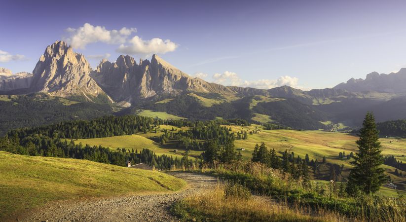 Alpe di Siusi or Seiser Alm, Sassolungo mountain and pathway, Dolomites Alps, Italy.
