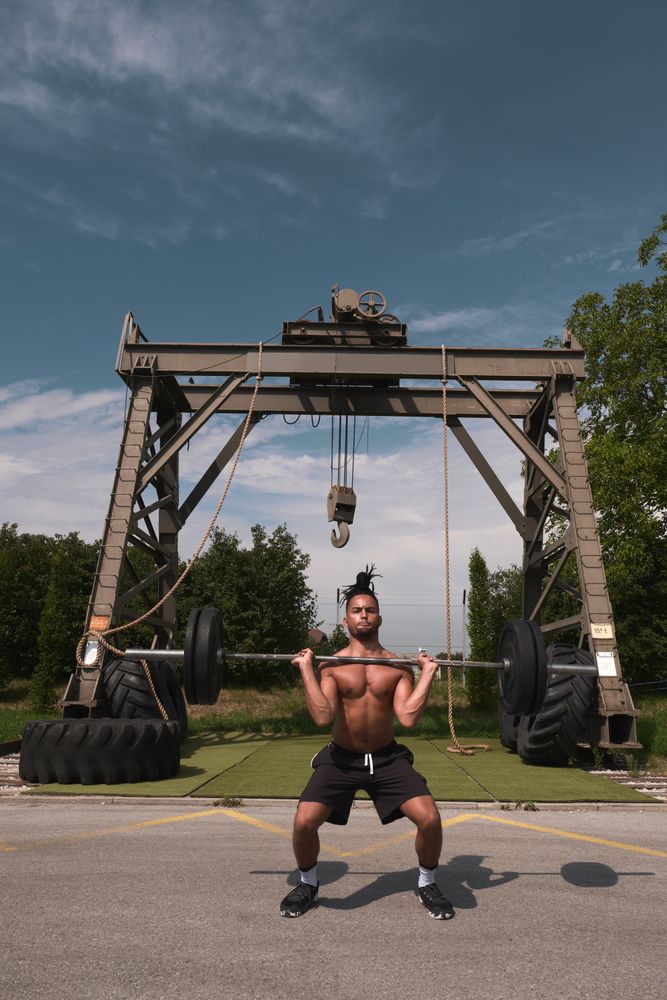 Black guy with barbell in outdoor gym