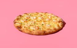 Shrimps pizza minimalist on a pink background