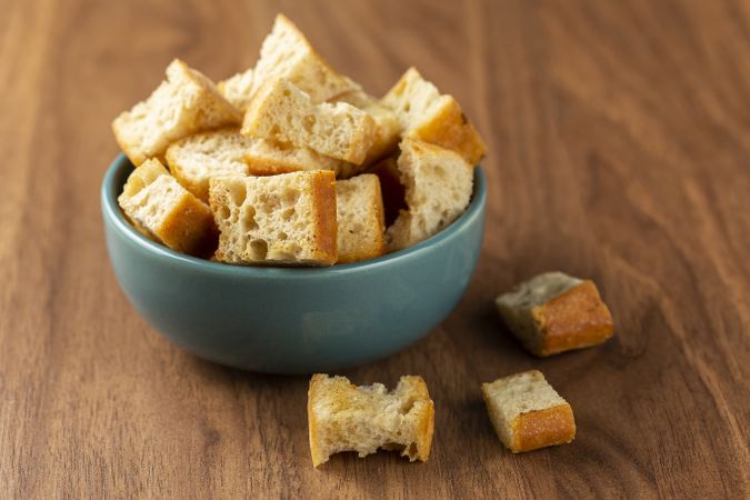 Delicious crunchy croutons on the table.