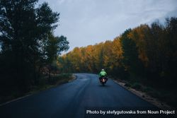 Motorcycle on road surrounded by autumnal trees 56Pwjb