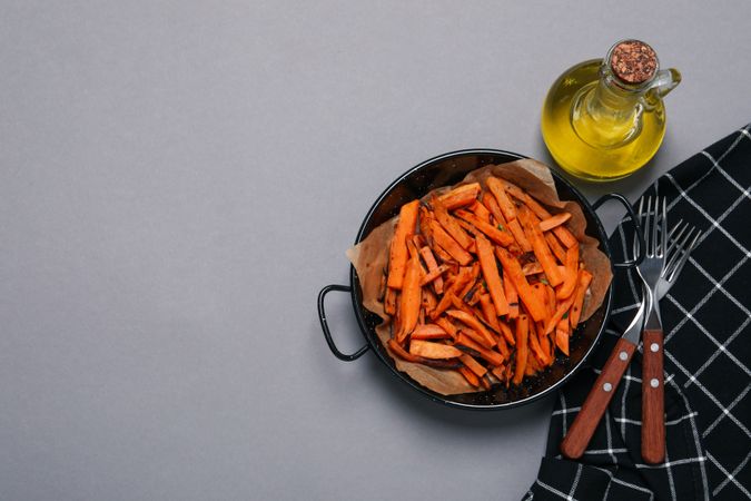 Concept of tasty food, fried sweet potato, space for text
