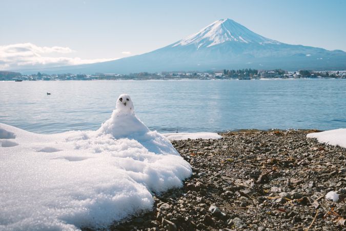 Snowman standing in winter landscape on fuji moutain background at kawaguchiko lake, Japan