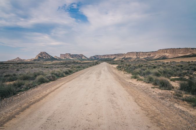 Empty road in desert with dry vegetation