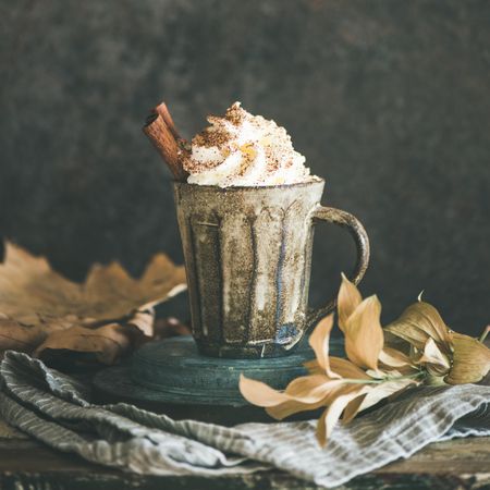 Mug of warm drink topped with whipped cream and cinnamon sticks, square crop
