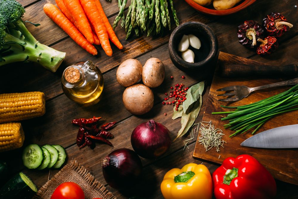 Cooking ingredients and utensils on table
