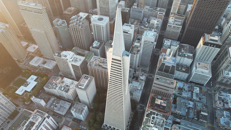 Aerial view of city buildings in San Francisco, California, US