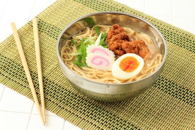Fried Chicken Karaage Ramen with Egg, Narutomaki, and Sliced Green Onion