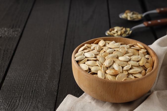 Concept of Autumn vibe food, Pumpkin, Pumpkin seeds, space for text