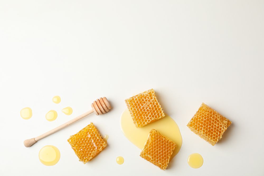 Honeycombs and dipper on blank background, space for text