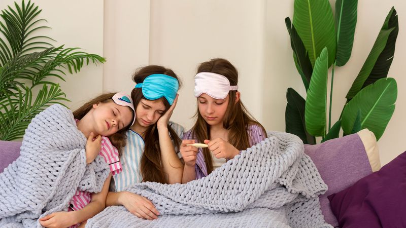 Three sick girls asleep on couch with blankets.