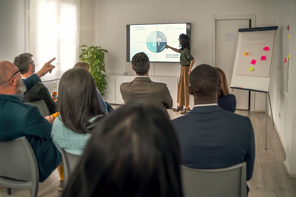 Mature Japanese woman presenting a SWOT analysis on a screen in a large office meeting room