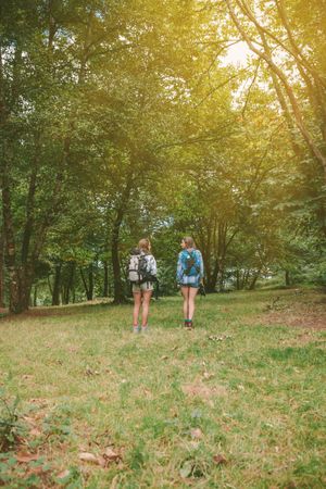Two women friends with backpacks standing in forest