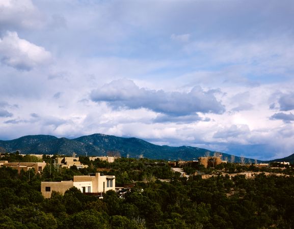 Flat roofs and hills surrounding Santa Fe, New Mexico