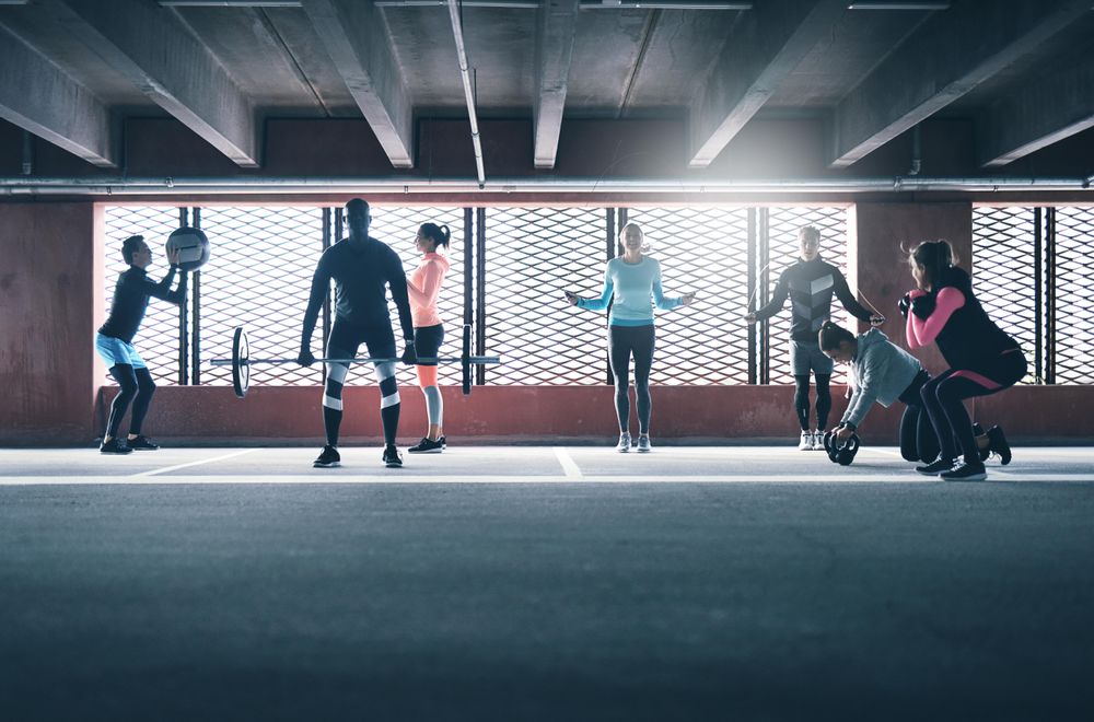 Multi-ethnic group of people doing different exercises backlight by a sunny window