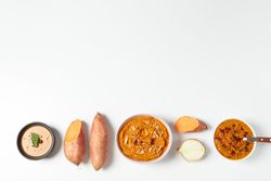 Concept of tasty food, sweet potato puree, space for text