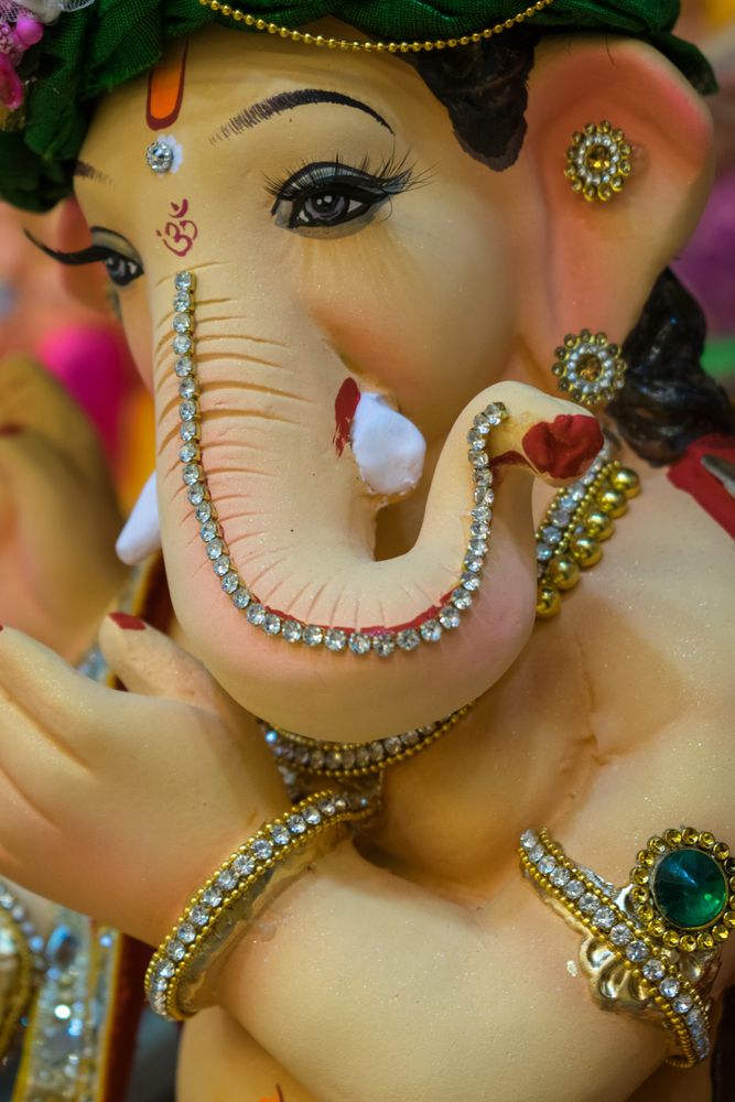 A beautiful idol of Lord Ganpati on display at a workshop in Mumbai, India for the festival of Ganesh Chaturthi