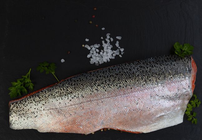 Rainbow trout fillet skin side up on dark stone